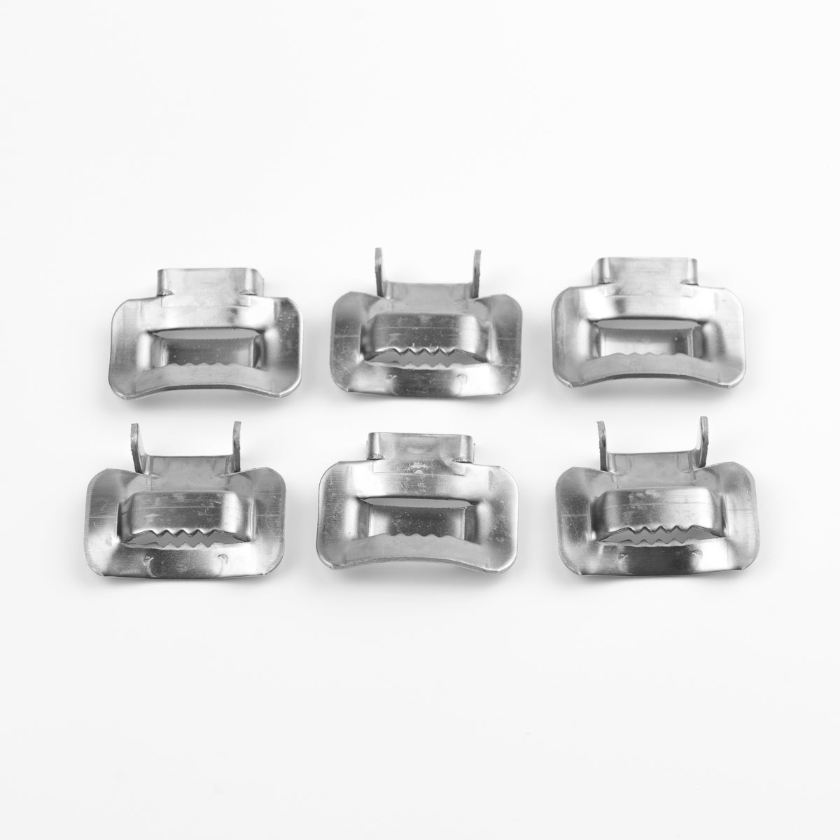 Seis hebillas de acero inoxidable AISI 304 de 1/2 pulgada agrupadas, vista superior