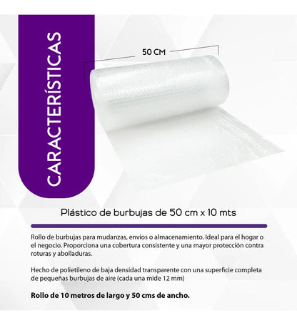Infografía del plástico burbuja de 50 cm x 10 m: rollo, medidas y características