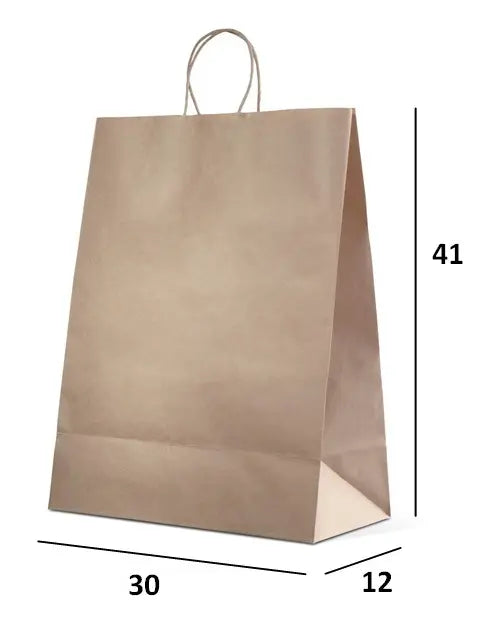 Bolsa de papel kraft con las medidas indicadas: 30 cm de ancho, 12 de fondo y 41 de alto
