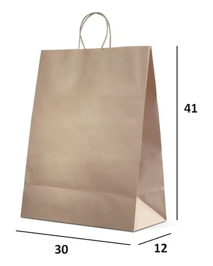 Bolsa de papel kraft con las medidas indicadas: 30 cm de ancho, 12 de fondo y 41 de alto