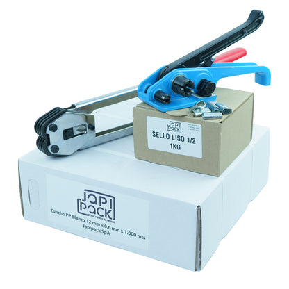 Kit enzunchador con zuncho PP blanco 1/2 pulgada, rollo de 1.000 metros