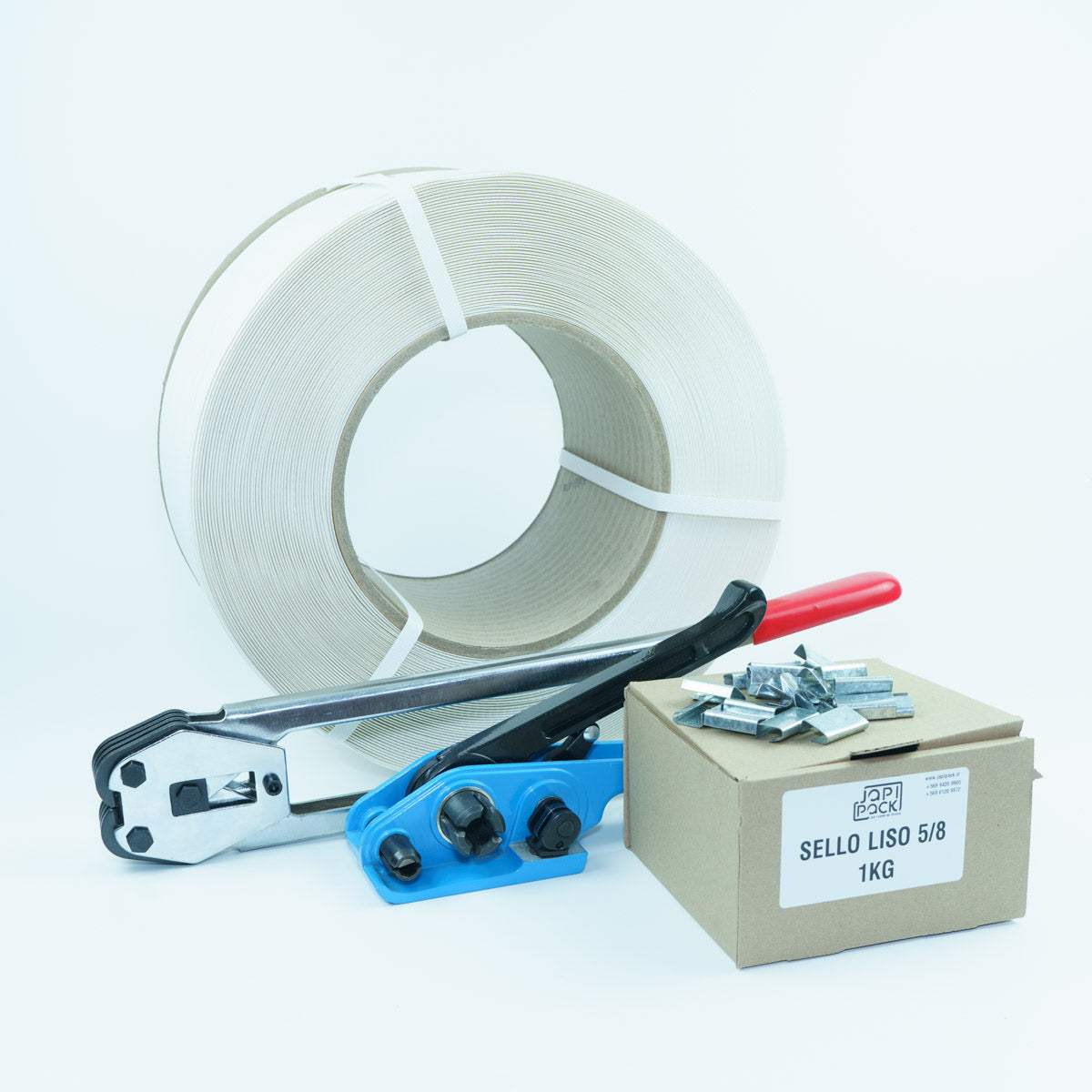 Kit enzunchador con zuncho PP blanco 5/8 pulgadas para embalaje seguro