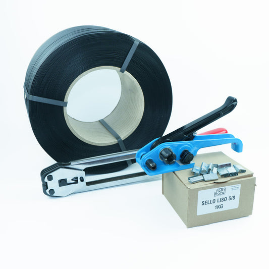 Kit enzunchador con zuncho PP negro 5/8 pulgadas para embalaje resistente