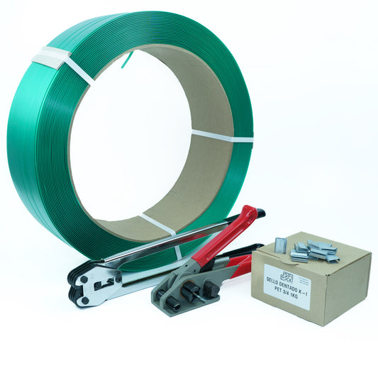 Kit enzunchador con zuncho PET 3/4 pulgadas para embalaje seguro