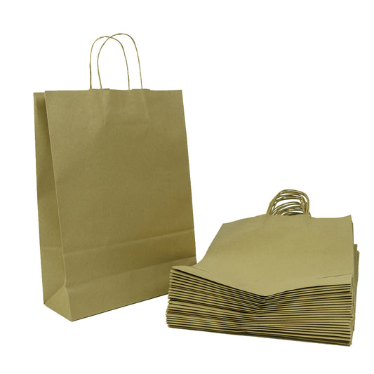 Bolsa de papel Kraft grande, pack de 25 unidades para embalaje ecológico Alto: 41 cm , Ancho: 30 cm ,Fuelle: 12 cm , Capacidad: 15 litros aprox..