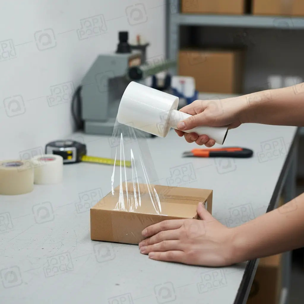 Film stretch de 10 cm con mango envolviendo una caja de cartón a mano