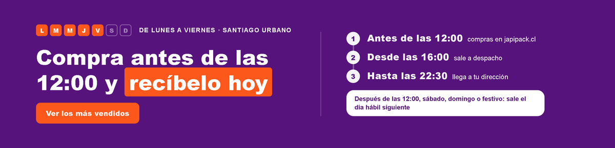 Despacho el mismo día de lunes a viernes en Santiago Urbano: compra antes de las 12:00 y recíbelo hoy. Sale a despacho desde las 16:00 y llega hasta las 22:30.