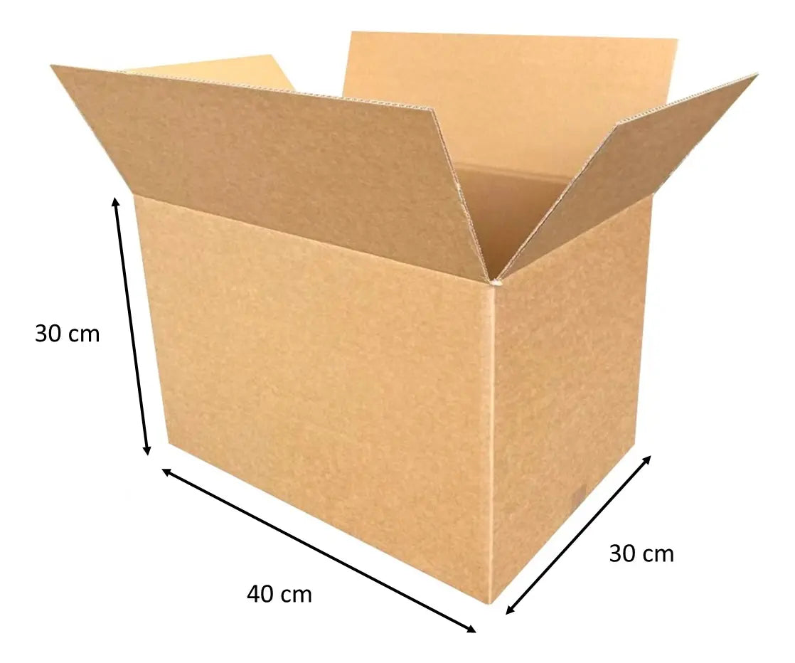 Caja de cartón 40 x 30 x 30 cm abierta, con flechas que marcan sus medidas