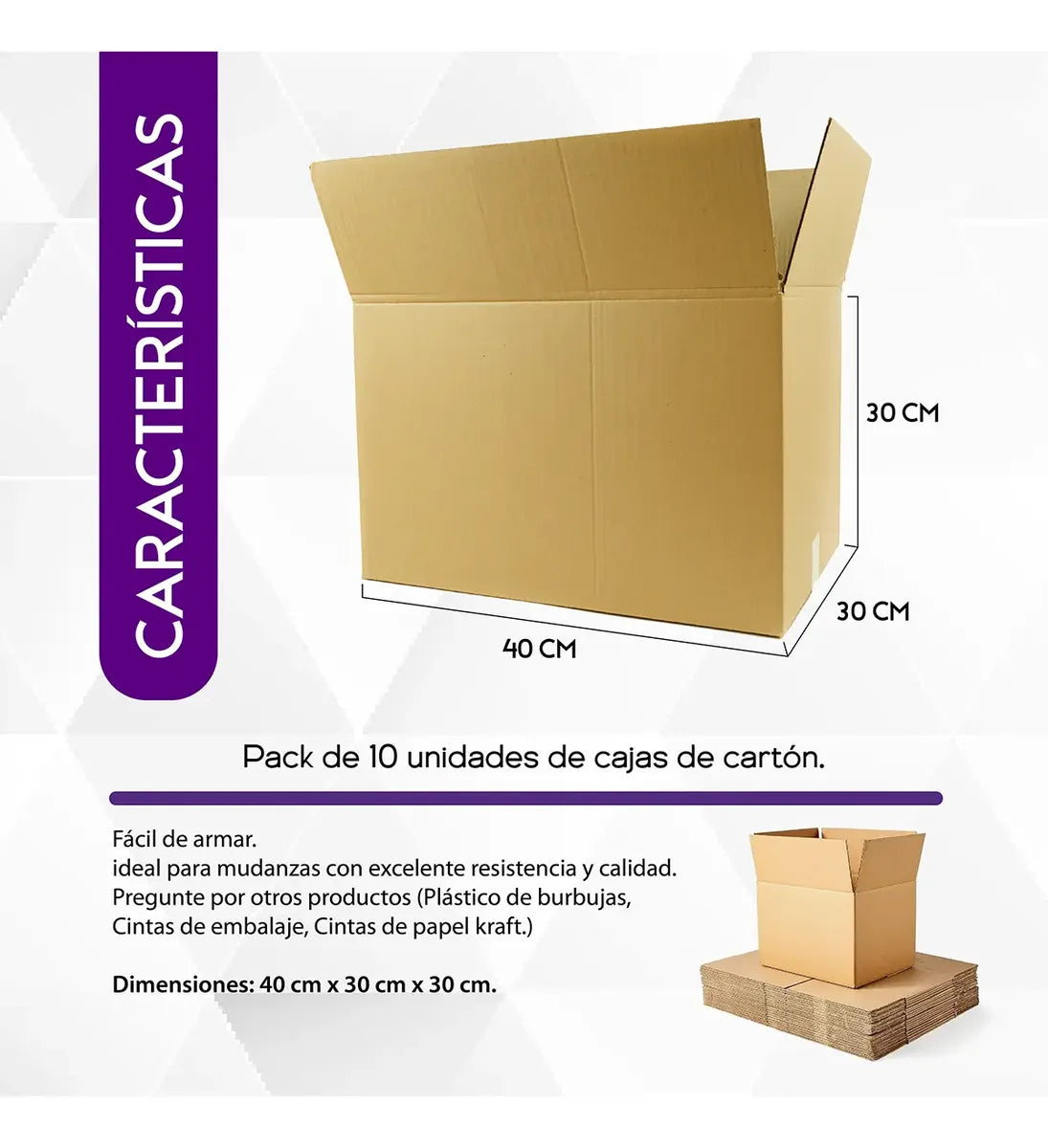 Medidas de la caja de cartón: 40 cm de largo, 30 cm de ancho y 30 cm de alto