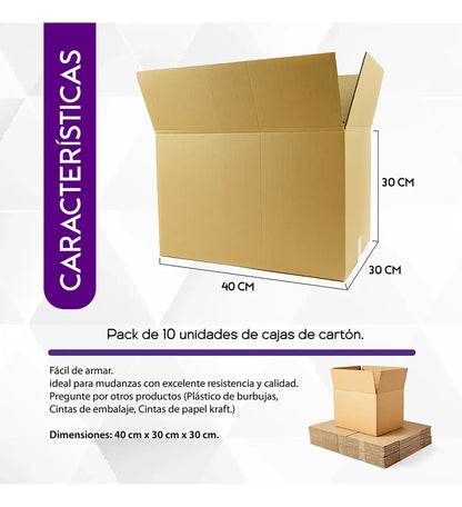 Medidas de la caja de cartón: 40 cm de largo, 30 cm de ancho y 30 cm de alto