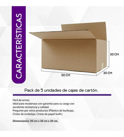Medidas de la caja de cartón: 50 cm de largo, 30 cm de ancho y 30 cm de alto