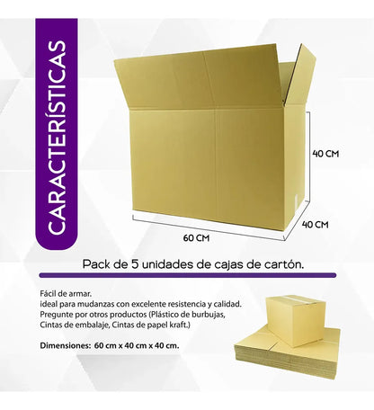Medidas de la caja de cartón grande: 60 cm de largo, 40 cm de ancho y 40 cm de alto