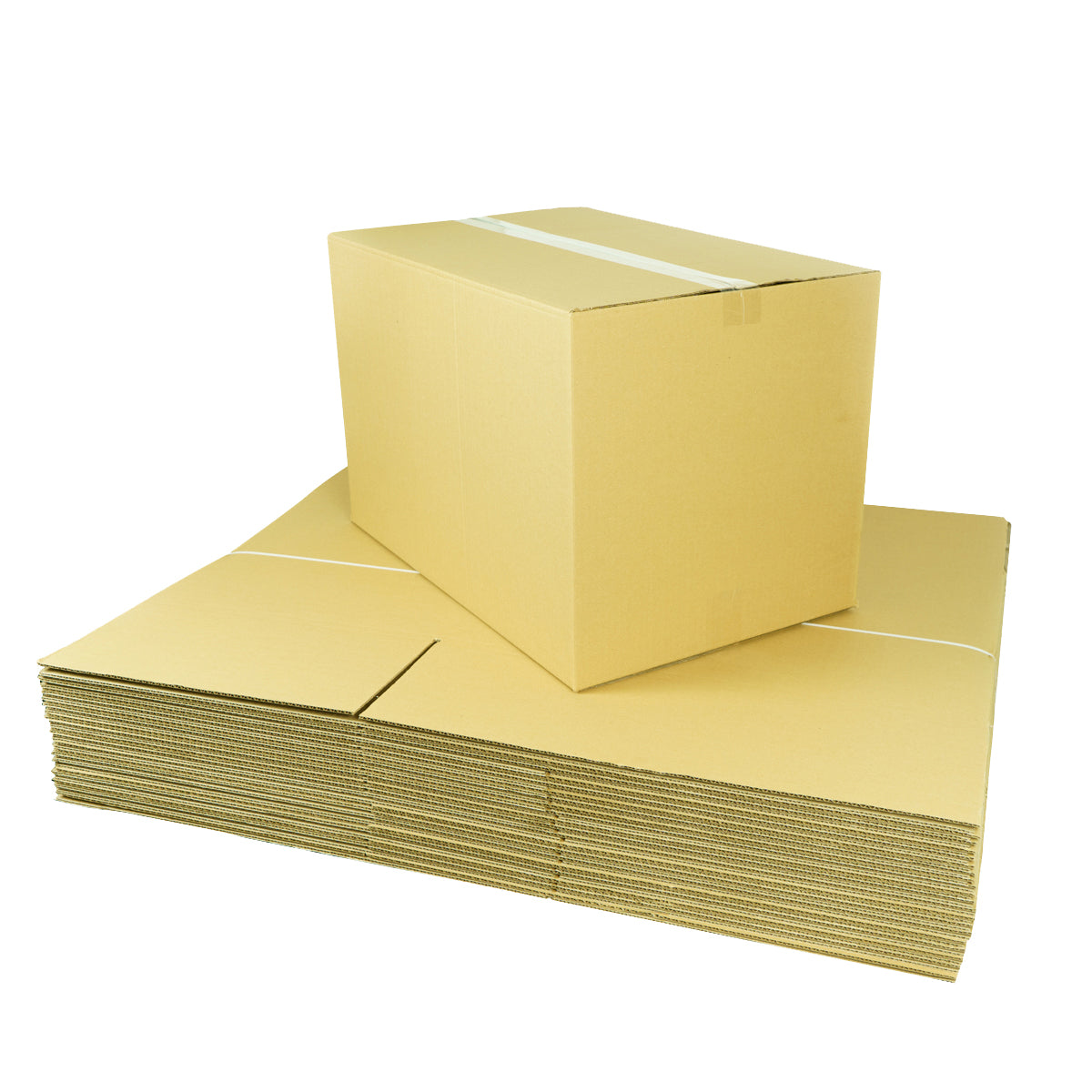 Cajas de cartón 60 x 40 x 40 cm planas y apiladas, listas para armar, junto a una caja cerrada con cinta