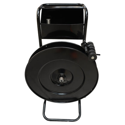 Vista frontal del carro dispensador de zuncho de acero con el disco porta bobina y la bandeja superior