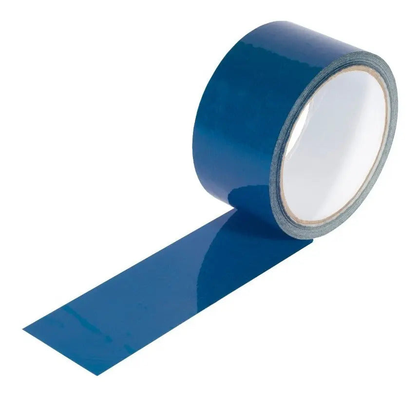 Cinta azul de embalaje desenrollada mostrando el adhesivo