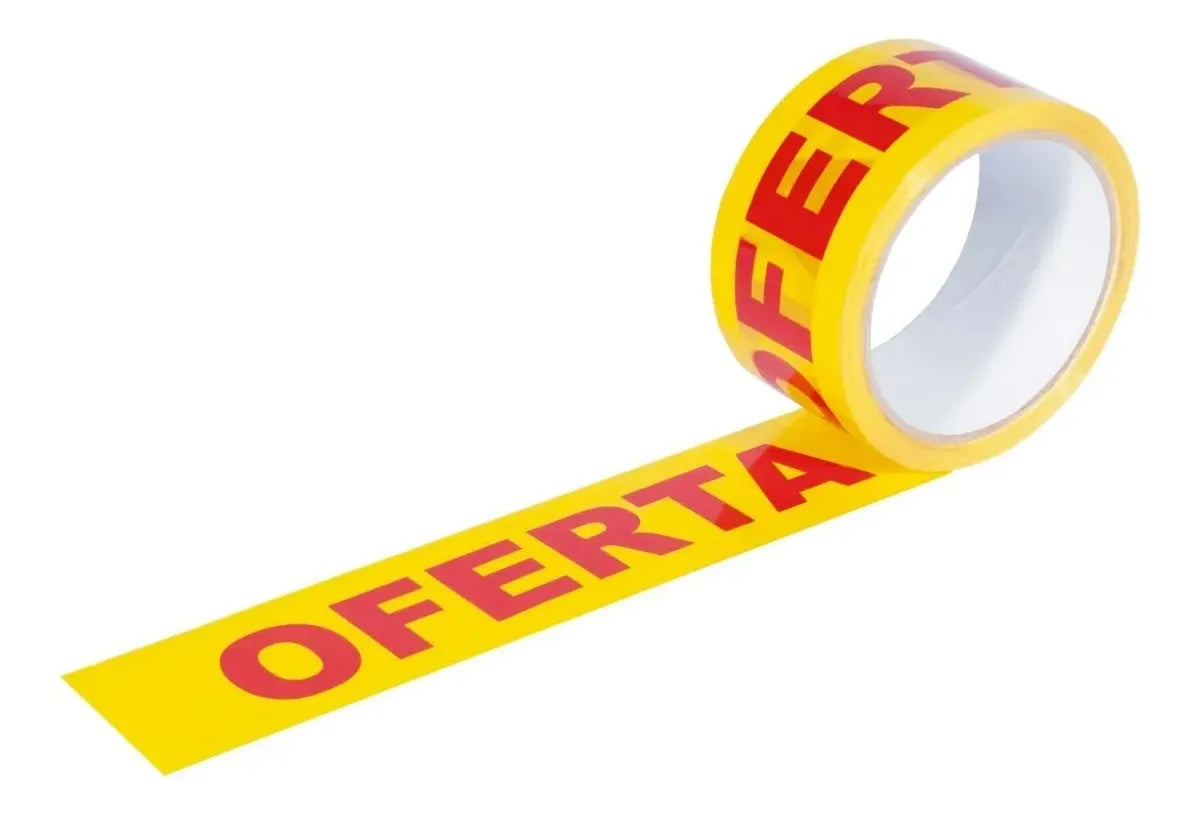 Rollo de cinta de embalaje amarilla con texto "Oferta" en rojo, 48 mm x 40 m