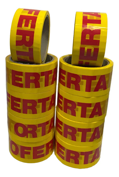 Diez rollos de cinta de embalaje “Oferta” 48 mm apilados