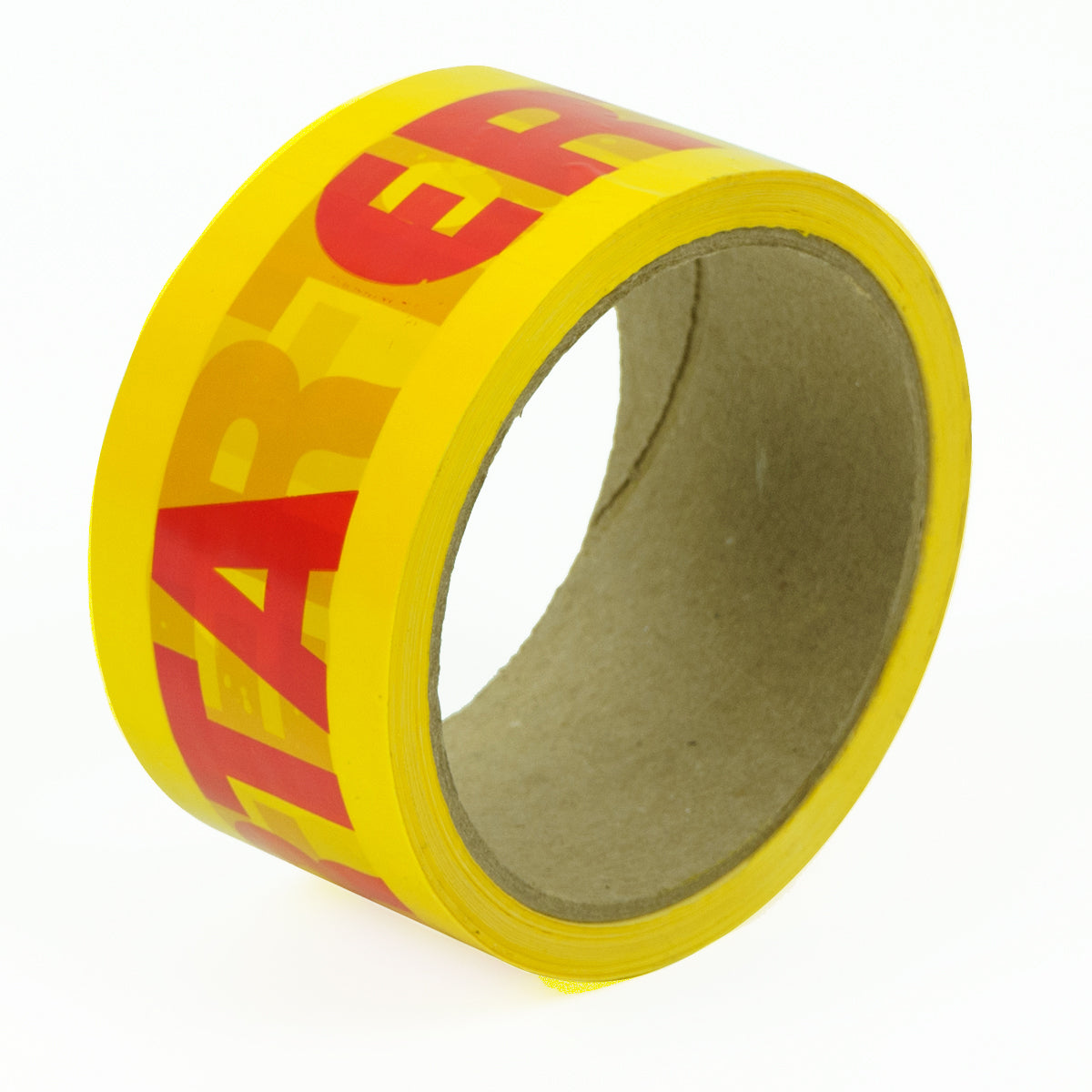 Cinta "Oferta" 48 mm vista lateral, impresión roja sobre fondo amarillo