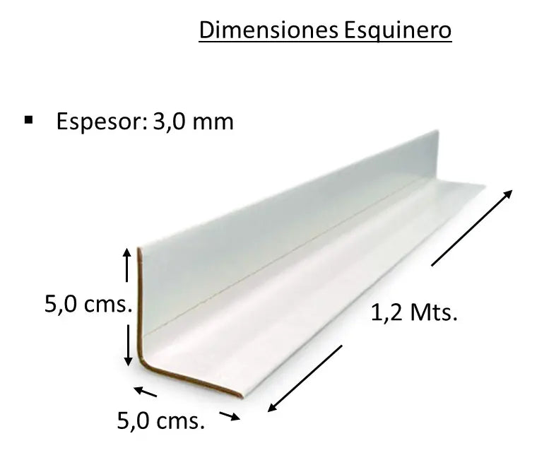 Dimensiones del esquinero de cartón: 1,2 m de largo, alas de 5 cm y espesor de 3,0 mm
