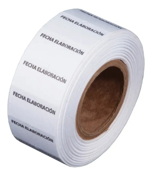 Rollo de etiquetas Motex 5500 con texto Fecha Elaboración preimpreso