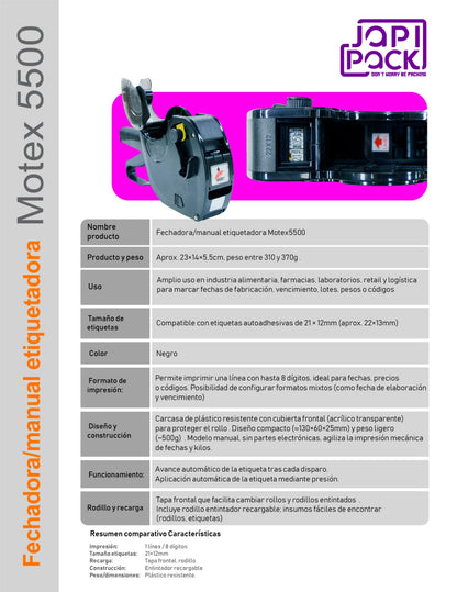 Ficha técnica ilustrada de la fechadora Motex 5500 con especificaciones