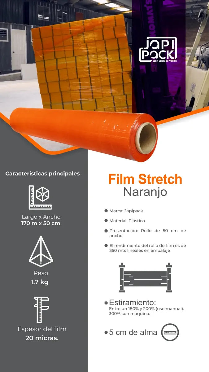 Infografía del film stretch naranjo: 50 cm de ancho, 20 micras, 1,7 kg y núcleo de 5 cm