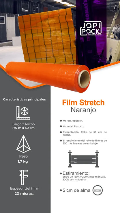 Infografía del film stretch naranjo: 50 cm de ancho, 20 micras, 1,7 kg y núcleo de 5 cm