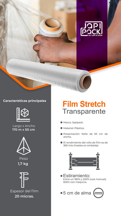 Ficha técnica del film stretch transparente: 50 cm, 20 micras, estiramiento 180-200 %