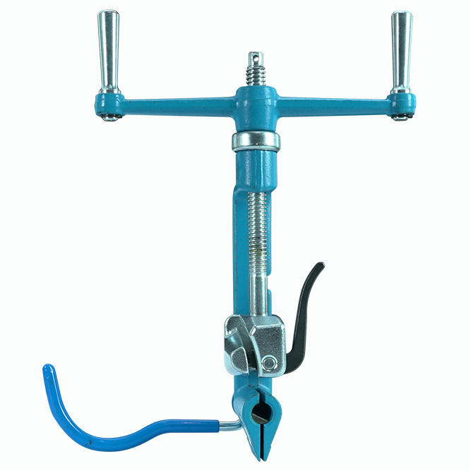 Flejadora manual para fleje de acero inoxidable, celeste, con manivela de doble mango y guía de fleje