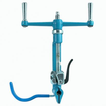 Flejadora manual para fleje de acero inoxidable, celeste, con manivela de doble mango y guía de fleje