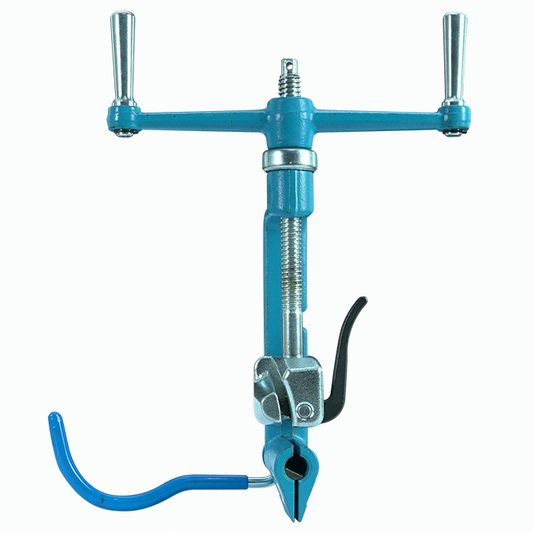 Flejadora manual para fleje de acero inoxidable, celeste, con manivela de doble mango y guía de fleje