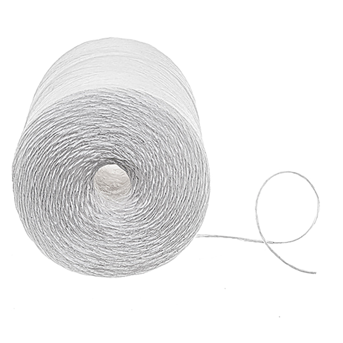 Bobina de cordel plástico blanco acostada, con la hebra suelta de 1 x 2 mm
