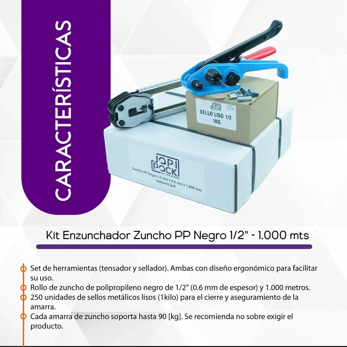 Infografía con las características del kit enzunchador PP negro 1/2