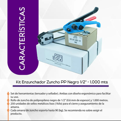 Infografía con las características del kit enzunchador PP negro 1/2