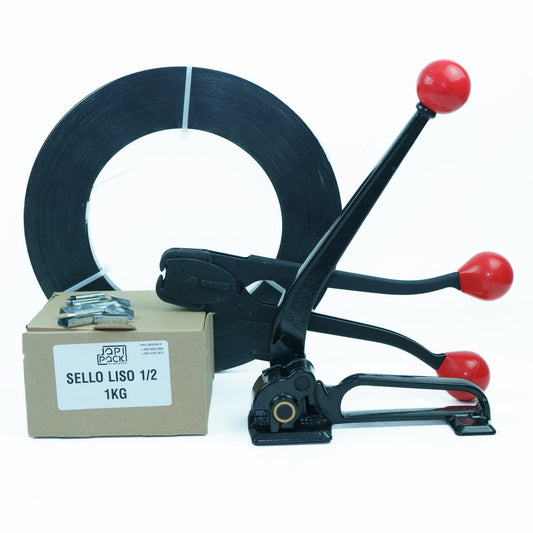 Kit enzunchador para zuncho metálico 1/2 con tensador, sellador, rollo de zuncho de acero de 100 m y caja de sellos lisos de 1 kg