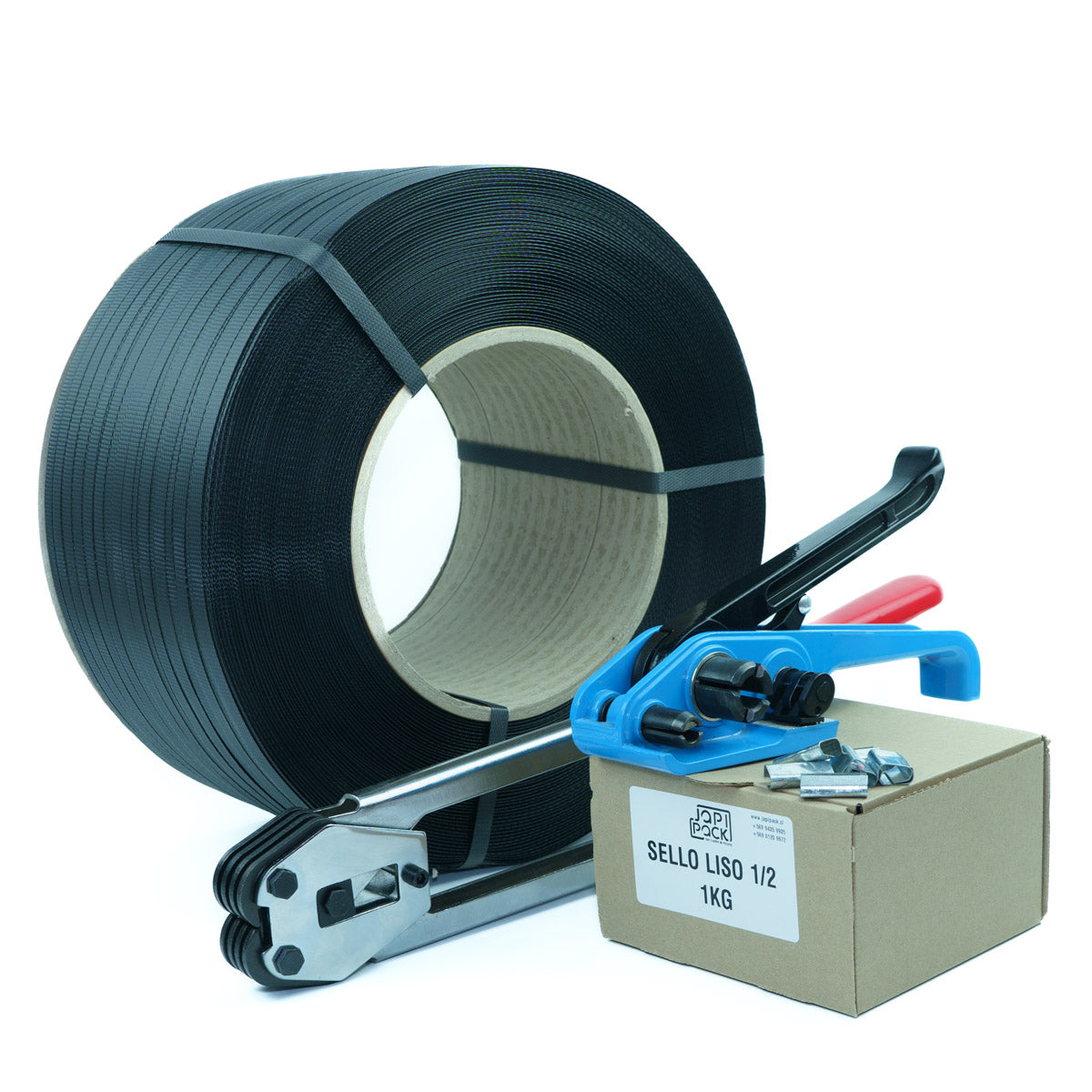 Kit enzunchador PP 1/2 con rollo de zuncho negro de 2.500 m, tensador azul, sellador y caja de 1 kg de sellos