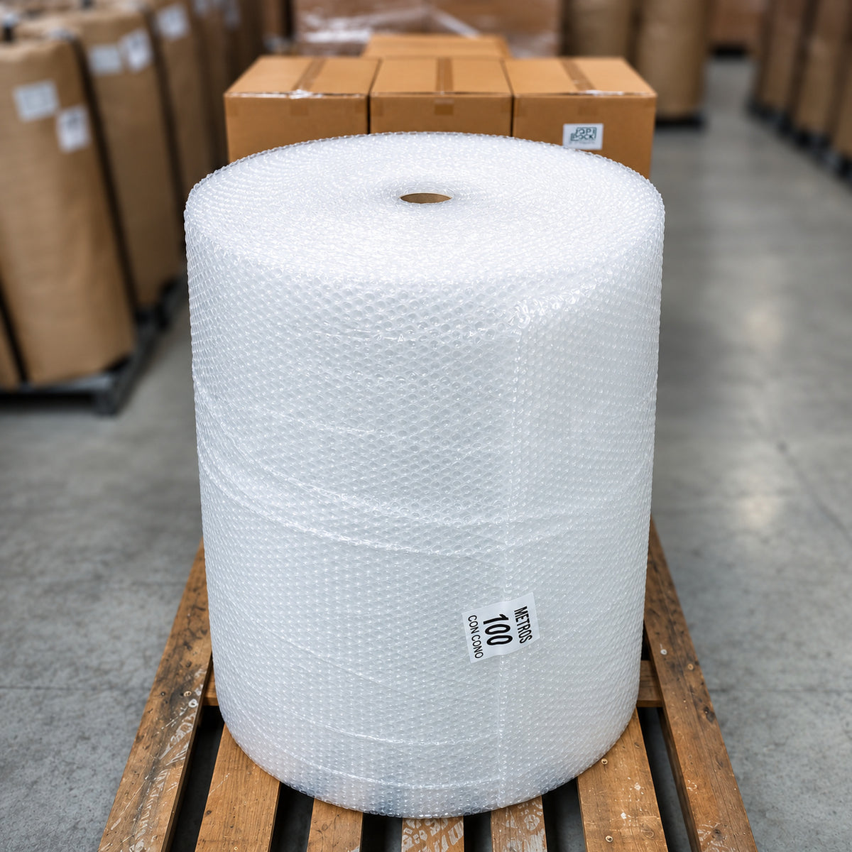 Rollo de plástico burbuja de 100 metros con cono sobre un pallet en la bodega de Japipack