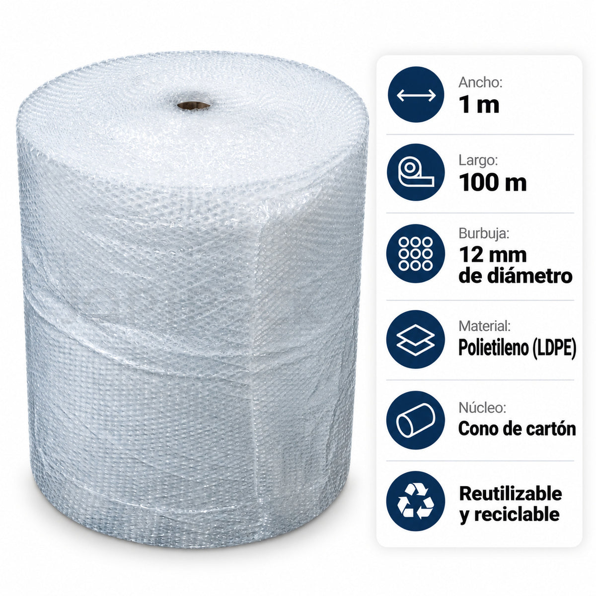 Especificaciones del plástico burbuja 1 m x 100 m: ancho 1 m, largo 100 m, burbuja de 12 mm, polietileno LDPE y cono de cartón