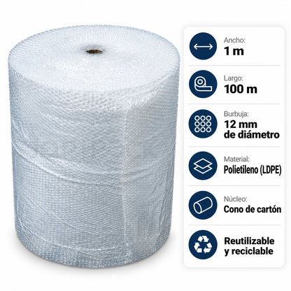 Especificaciones del plástico burbuja 1 m x 100 m: ancho 1 m, largo 100 m, burbuja de 12 mm, polietileno LDPE y cono de cartón