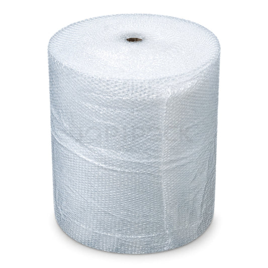Rollo de plástico burbuja transparente de 1 m de ancho por 100 m de largo, sobre fondo blanco