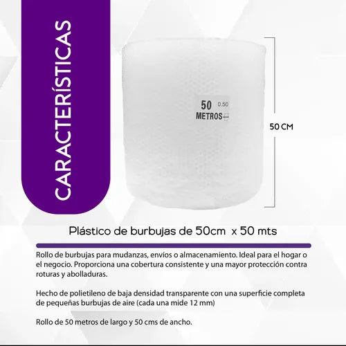 Especificaciones del plástico burbuja 50 cm x 50 mts: burbujas de 12 mm, polietileno de baja densidad