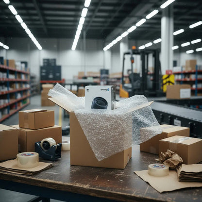 Plástico burbuja protegiendo un producto dentro de una caja en proceso de embalaje