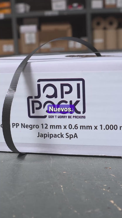 Video de la caja dispensadora del zuncho PP negro de 1.000 m: orificio de salida y rollo protegido