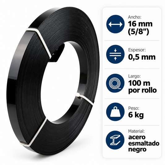 Infografía del zuncho de acero 5/8 x 100 m: 16 mm de ancho, 0,5 mm de espesor, 100 m por rollo y 6 kg