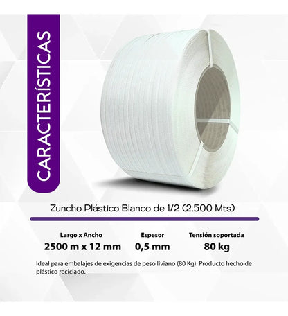 Infografía del zuncho plástico blanco 1/2": 2.500 m x 12 mm, espesor 0,5 mm, tensión soportada 80 kg