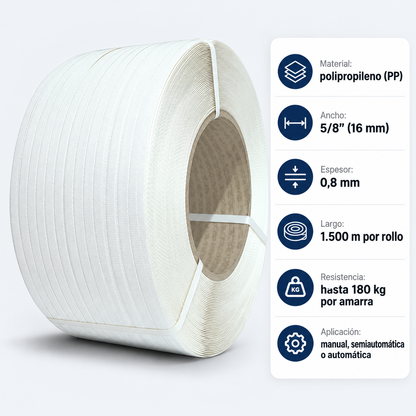 Infografía del zuncho PP blanco 5/8" (16 mm) x 0,8 mm x 1.500 m con sus especificaciones