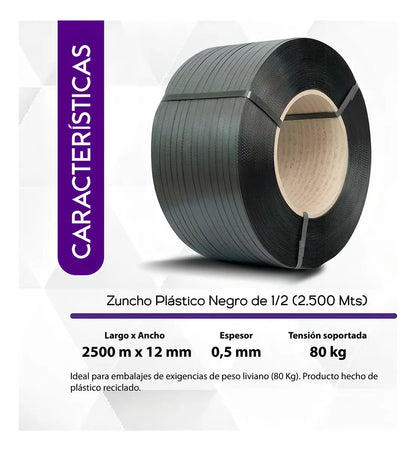 Vista frontal del rollo de zuncho PP negro 1/2" con núcleo de cartón