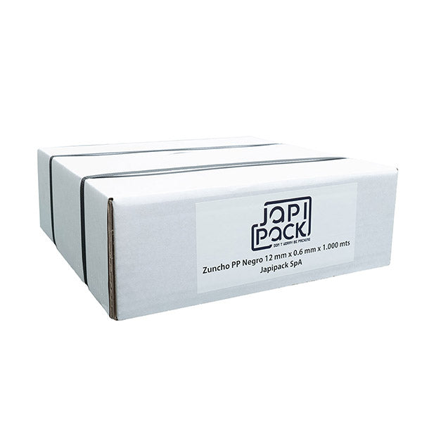 Caja cerrada de zuncho PP negro 12 mm x 0,6 mm x 1.000 m Japipack