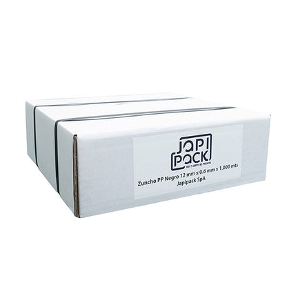 Caja cerrada de zuncho PP negro 12 mm x 0,6 mm x 1.000 m Japipack
