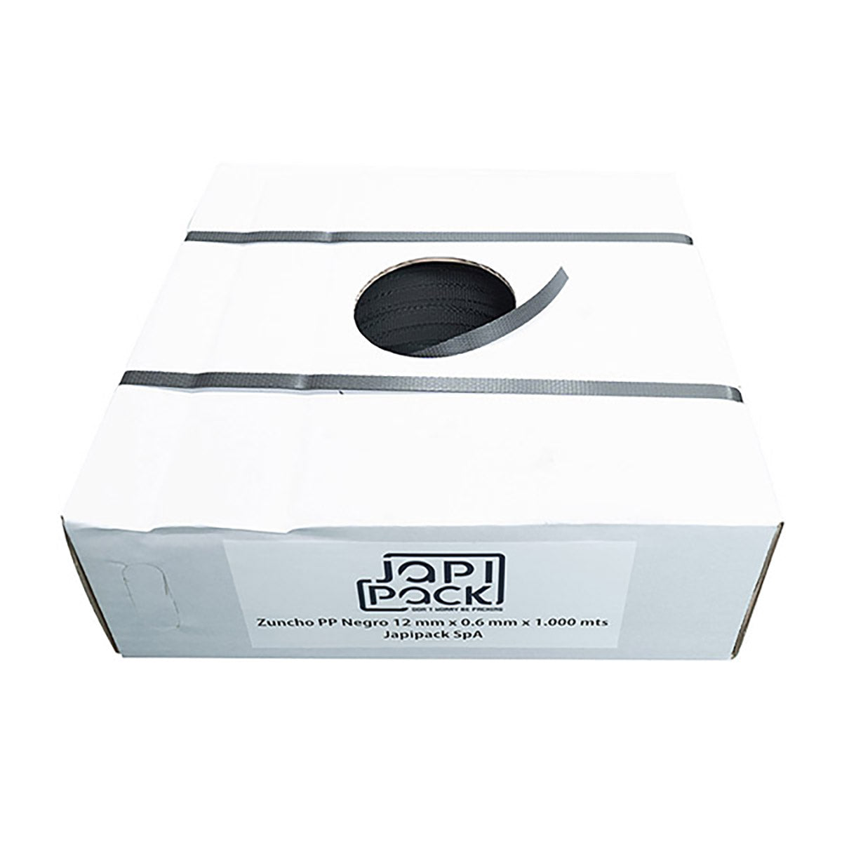 Caja dispensadora Japipack con 1.000 m de zuncho PP negro 1/2 saliendo por el orificio